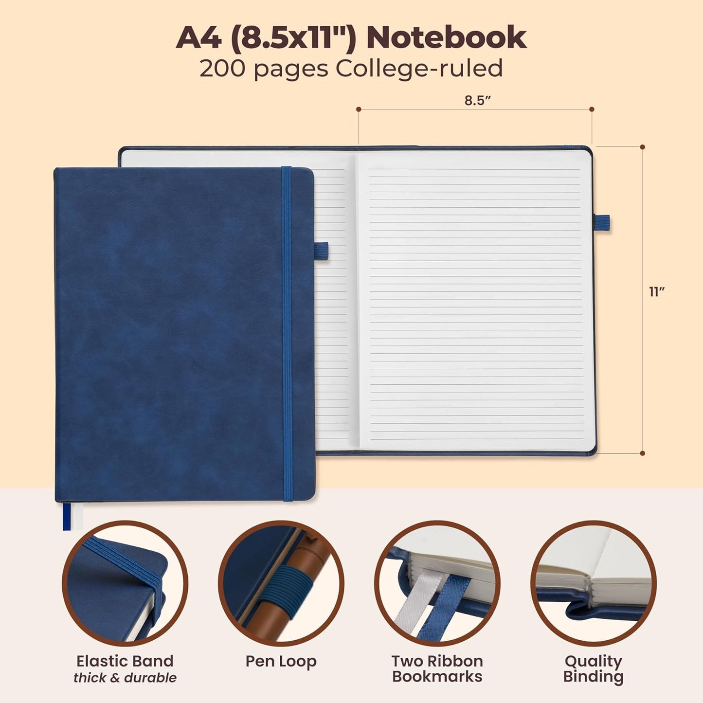Classic Lined Journal Notebook 8.5x11" A4 Hardcover Leather - Brown - 200 Pages College Ruled Large with Sticky Tabs, Pockets, and Pen Loop for Writing and Journaling - Big Hardback Men and Women