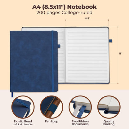 Classic Lined Journal Notebook 8.5x11" A4 Hardcover Leather - Brown - 200 Pages College Ruled Large with Sticky Tabs, Pockets, and Pen Loop for Writing and Journaling - Big Hardback Men and Women