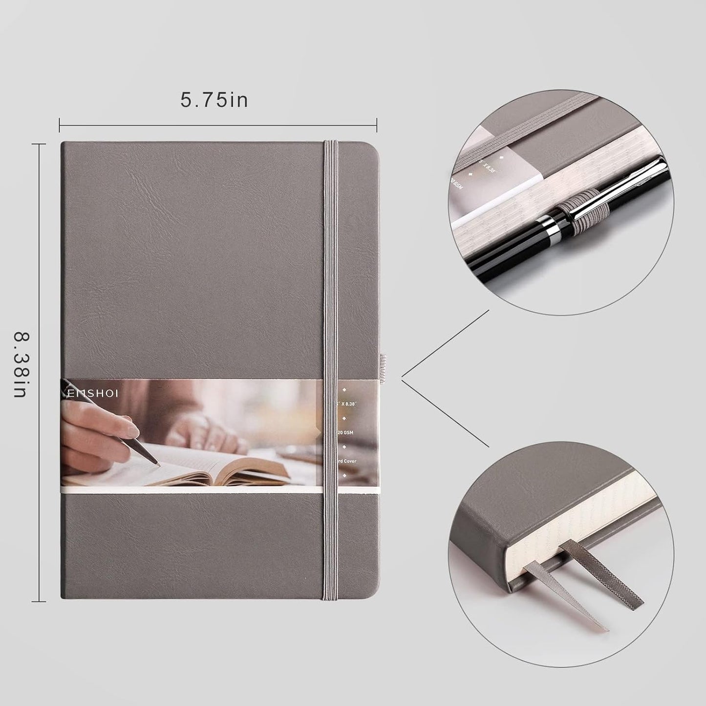 EMSHOI Graph Paper Notebook - 256 Pages A5 Graph Notebook/Journal, Hard Cover, 120gsm Thick Paper, Smooth PU Leather, Inner Pocket, 5.75'' × 8.38''-Black