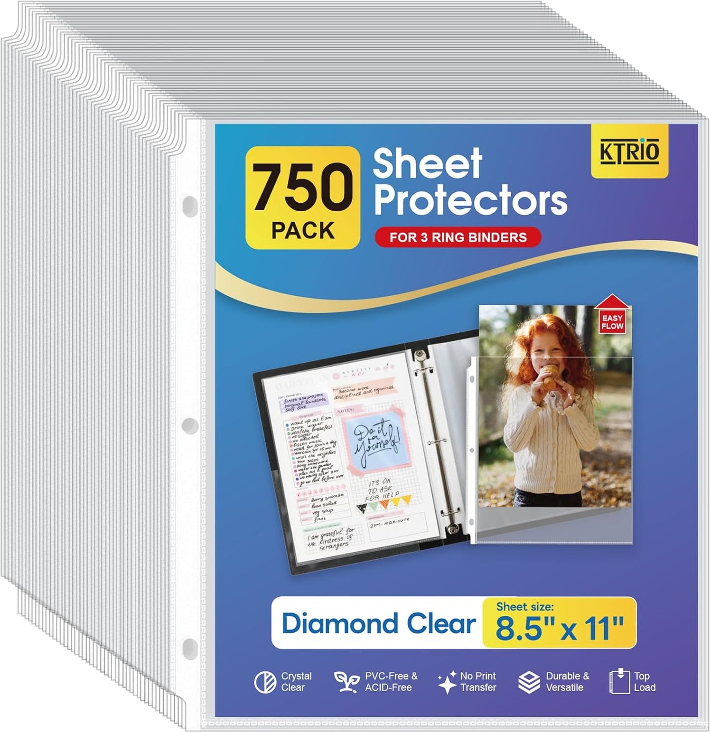 KTRIO Sheet Protectors 8.5 x 11 Inch, Clear Top Loading Page Protectors for 3 Ring Binder, Polypropylene Plastic Sleeves, Letter Size Document Protectors, Office & Home, 50 Pack