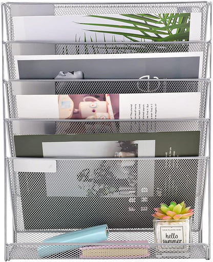EASEPRES Desk File Organizer Mesh 6-Tier, Hanging Wall Mount Document Organization Stand, Desktop Vertical Mail Paper Folder Holder Rack with Bottom Tray for Office Home Cubicle Countertop, Black