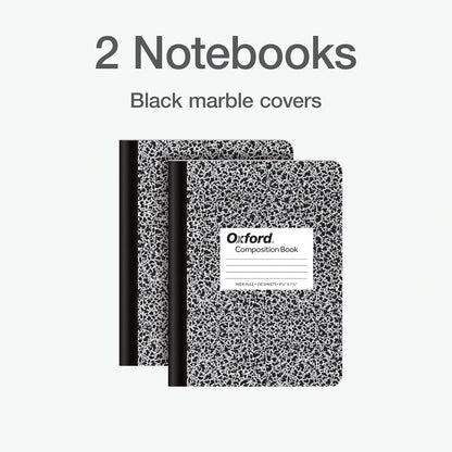 Oxford Composition Notebooks, 9-3/4 x 7-1/2 Inch School Journals, Wide Ruled Paper, Black Marble Covers, 100 Sheets per Book, 2 Pack (1002516)