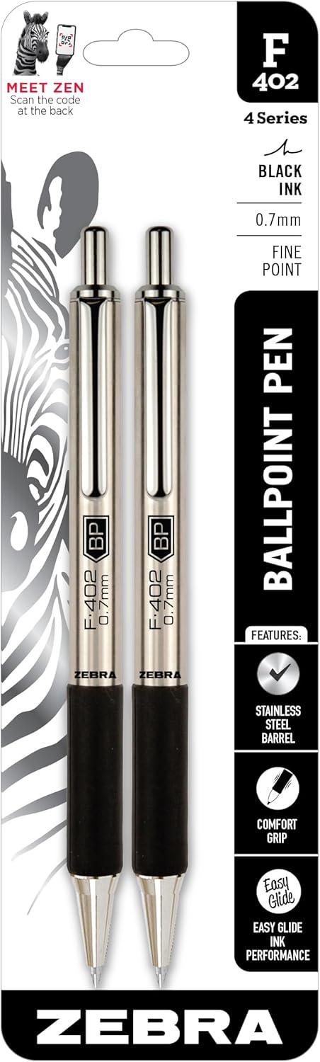 Zebra Pen, STEEL F-402 Retractable Ballpoint Pens, 0.7mm Fine Point, Black Ink, Stainless Steel Barrel and Clip, Easy-Glide Ink, Comfort Grip, Refillable Pens for Office, School, 2-Pack (29212)