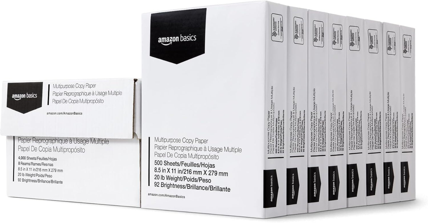 Amazon Basics Multipurpose Copy Printer Paper, 20 lb, 8.5 x 11 Inches, 10 Reams (5,000 Sheets), 92 Bright White