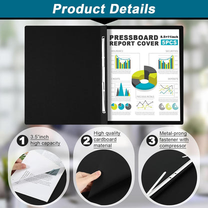 Dunzoom 5 Pcs 8.5 x 11 Inch Pressboard Report Cover, 3'' Capacity, Presentation Binder Folder with Metal Prong for Business, Presentations, Contract, Proposal and Other Documents Management (Black)