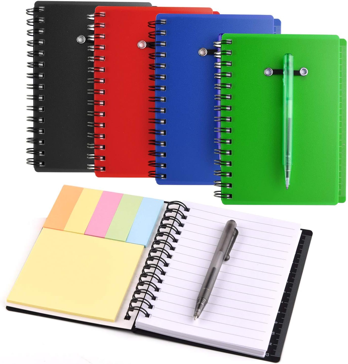 Coopay 4 Pieces Spiral Notebook Steno Pocket Notepad with Pen in Holder and Sticky Notes, Page Marker Index Tabs Flags Making Plans Writing Memos Office School Supplies (Yellow, Blue, Purple, Green)
