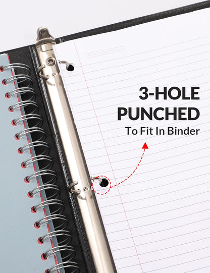 SUNEE Spiral Notebooks for Work with Removable Dividers & Tabs – College Ruled 5 Subject, 300 Pages, 3 Hole Punched, Durable PP Cover, 8"x10.5" – Notebooks for Office or School, Black