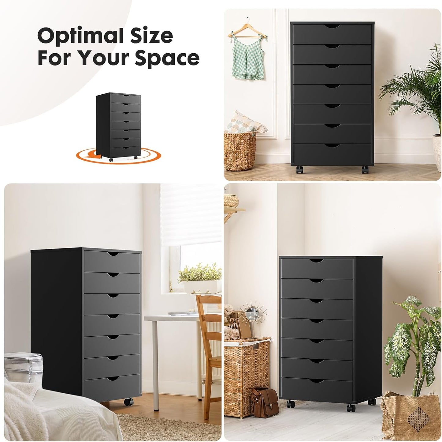 OLIXIS 5 Drawer Mobile File Cabinet Under Desk Storage Organization with Wheels Vertical Filing Chest Rolling Wood Small Desk Printer Stand for Home Office, 15.75"D x 18.74"W x 25.39"H, Black