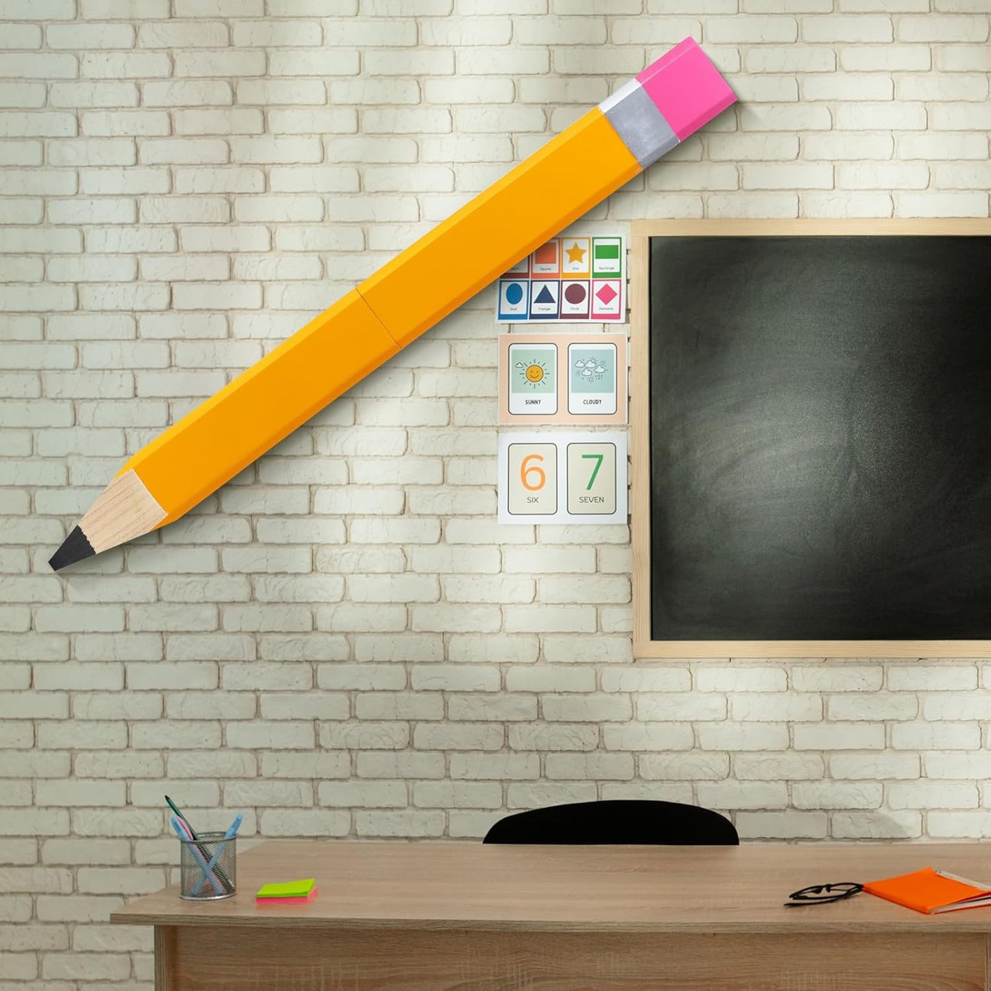Yousoontic 31.5 Inch Giant Pencil Wall Art Wooden Jumbo Pencil Back to School Party Decoration Yellow Pen Props Preschool Kindergarten Graduation Classroom Decor for Home School Supplies
