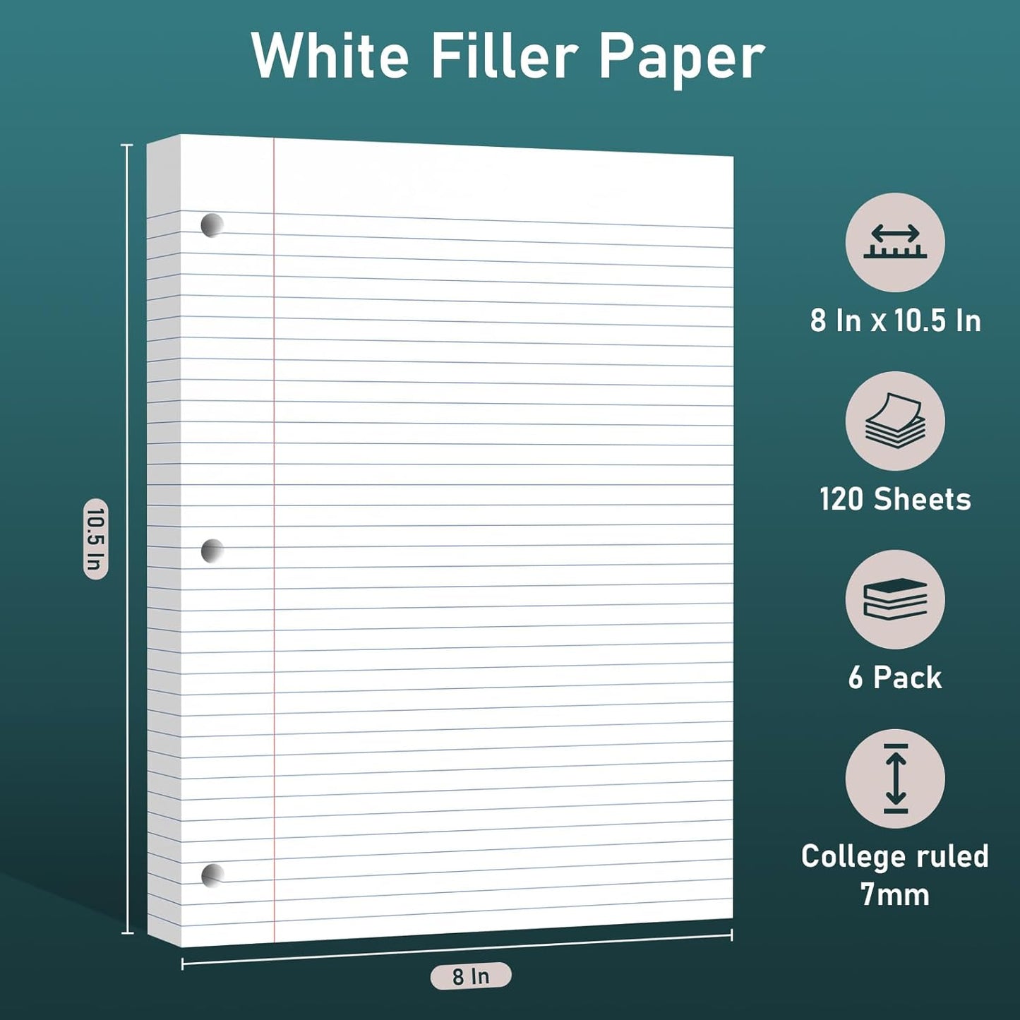 6 Pack Loose Leaf Paper, 120 Sheets Notebook Lined Pads, 8 x 10.5 College Ruled Filler Paper, 3-Hole Punched, White Loose Leaf Notebook Paper for 3 Ring Binders, for Home & Office, School Supplies