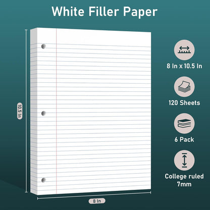 6 Pack Loose Leaf Paper, 120 Sheets Notebook Lined Pads, 8 x 10.5 College Ruled Filler Paper, 3-Hole Punched, White Loose Leaf Notebook Paper for 3 Ring Binders, for Home & Office, School Supplies