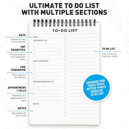To Do List Notepad: With Multiple Functional Sections - 6.5 x 9.8" 60 Sheets - Spiral Daily Planner Notebook - Task CheckList Organizer Agenda Pad for Work - Note & Todo List Organization Notebooks