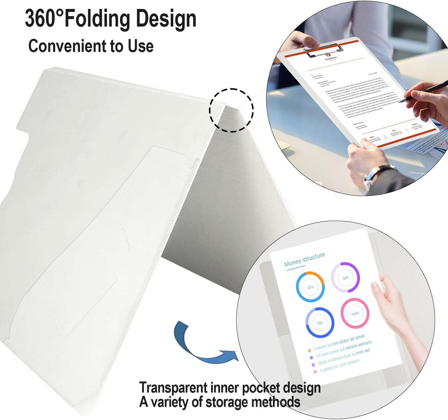 Clipboard Folder, A4 Foldable Clipboards with Pocket, File Cover Office Folder Clipboard, 360 Degree Foldable Storage Clipboards for Office, School or Medical Field, Blue