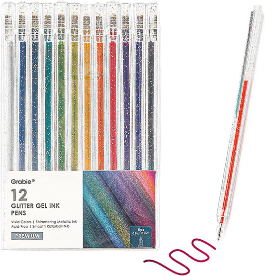 Grabie Glitter Gel Pens, 18 Colors Glitter Pens for Adult Coloring Books, Journaling, Drawing, Scrapbooking and DIY Crafts, Retractable Gel Ink Pens for Art and Work