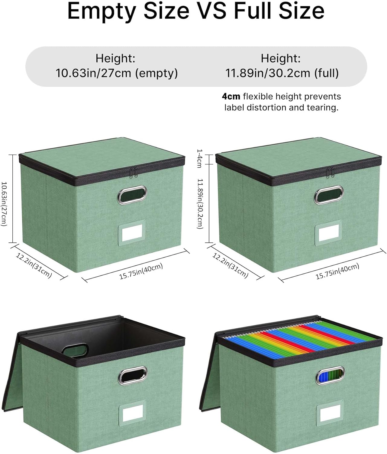Oterri 2 Pack File Organizer Boxes with Lids, File Box with Mesh Pockets, Document Organizer Box for File Folders Letter Size, Zippers Filing Box for Home, Office, School (Green, Without Folders)