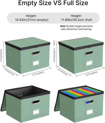 Oterri 2 Pack File Organizer Boxes with Lids, File Box with Mesh Pockets, Document Organizer Box for File Folders Letter Size, Zippers Filing Box for Home, Office, School (Green, Without Folders)