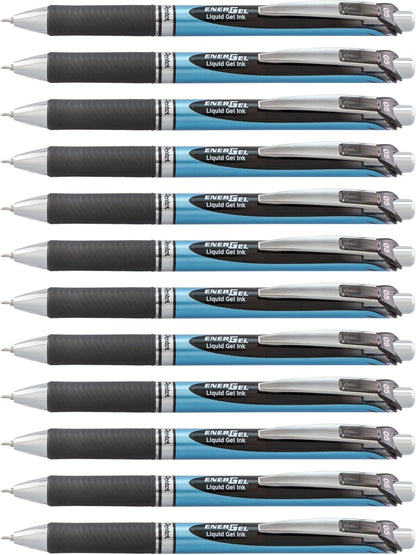 Pentel® EnerGel™ Deluxe RTX Retractable Liquid Gel Pens, Fine Point, 0.5 mm, 54% Recycled, Blue Barrel, Black Ink, Pack Of 12 Pens
