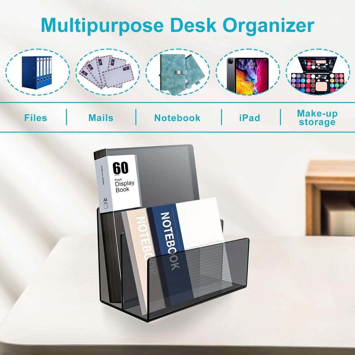 Boloyo Acrylic File Holder,1PC 2 Sections Rainbow File Organizer Mail Letter Sorter Desktop Folder Holder for Home Office School Envelope Bill Filling Paper Document