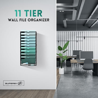 SUPEASY 10-Tier Wall File Organizer, Hanging Wall Files for Papers, Folders, Magazines, Clipboard, Wall Organizer for Office Home School Classroom, Black