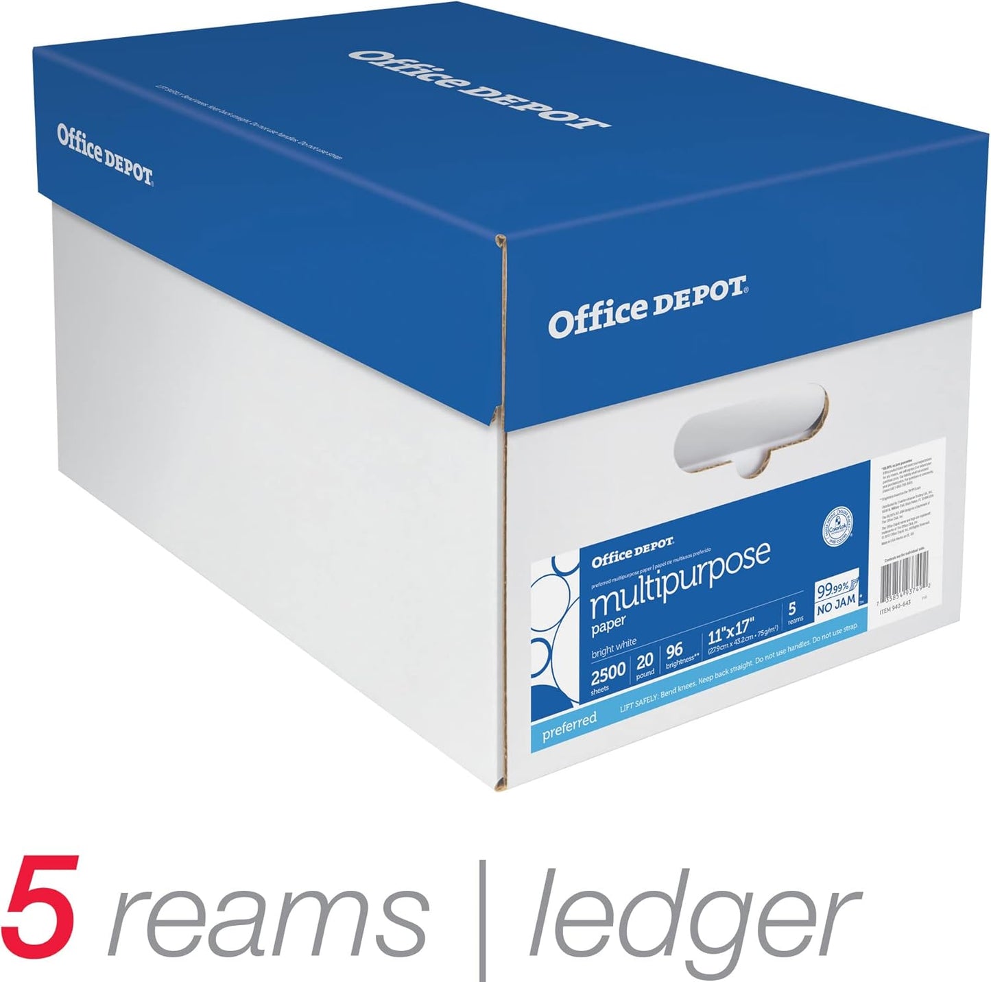 Office Depot Extra Bright Copy Paper, 11in. x 17in., 20 Lb., 90 Brightness, Case Of 5 Reams