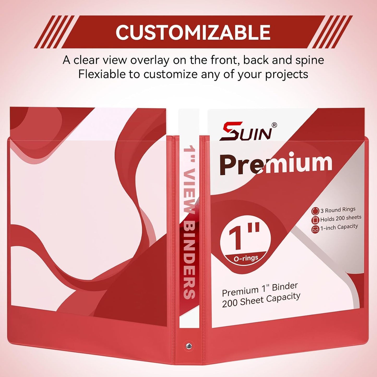SUIN 1 Inch 3 Ring Binder, Clear 1'' View Presentation Binders with 2 Pockets, Fits 8.5 x 11 Letter Size, Durable Polypropylene, Non-Stick & PVC-Free for School, Office & Home (Orange)