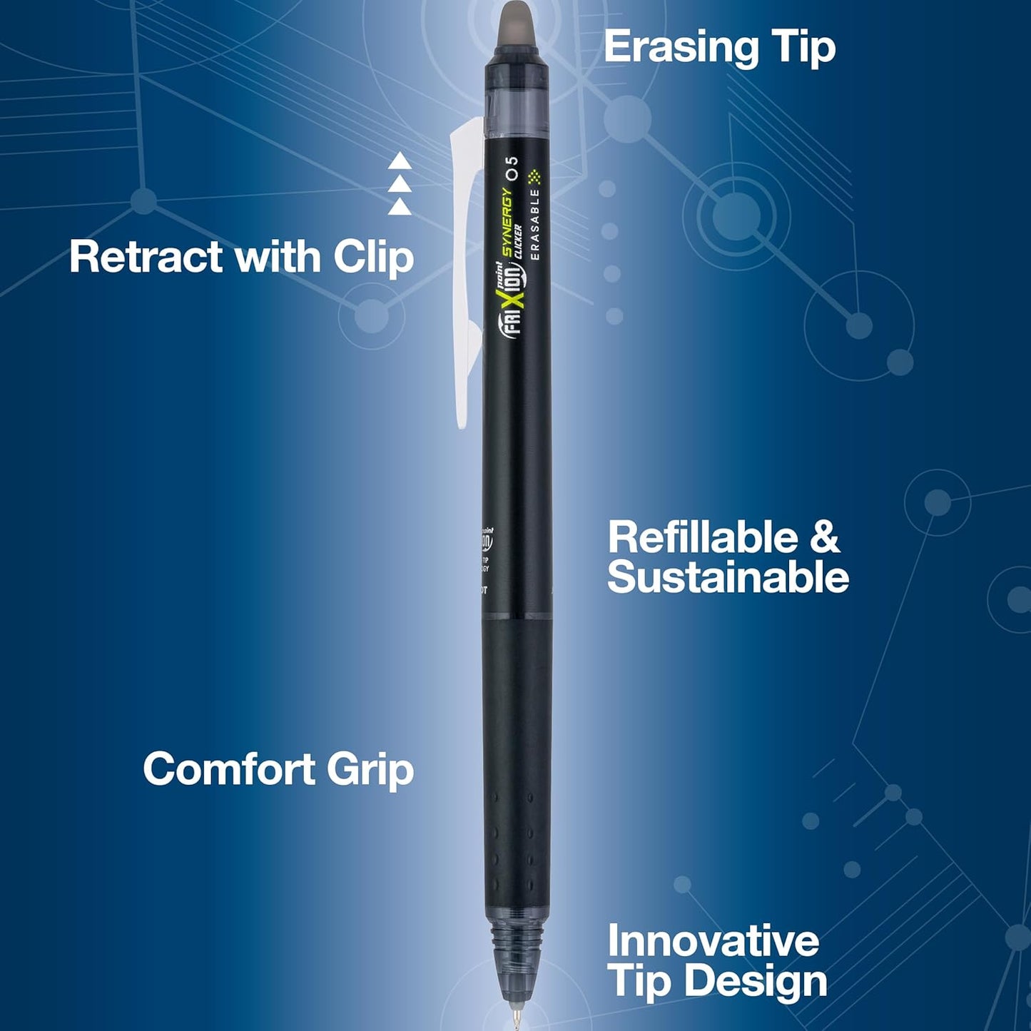 PILOT FriXion Synergy Clicker Erasable, Refillable & Retractable Gel Ink Pens, 0.5mm Extra Fine Point, Black Ink, 5-Pack
