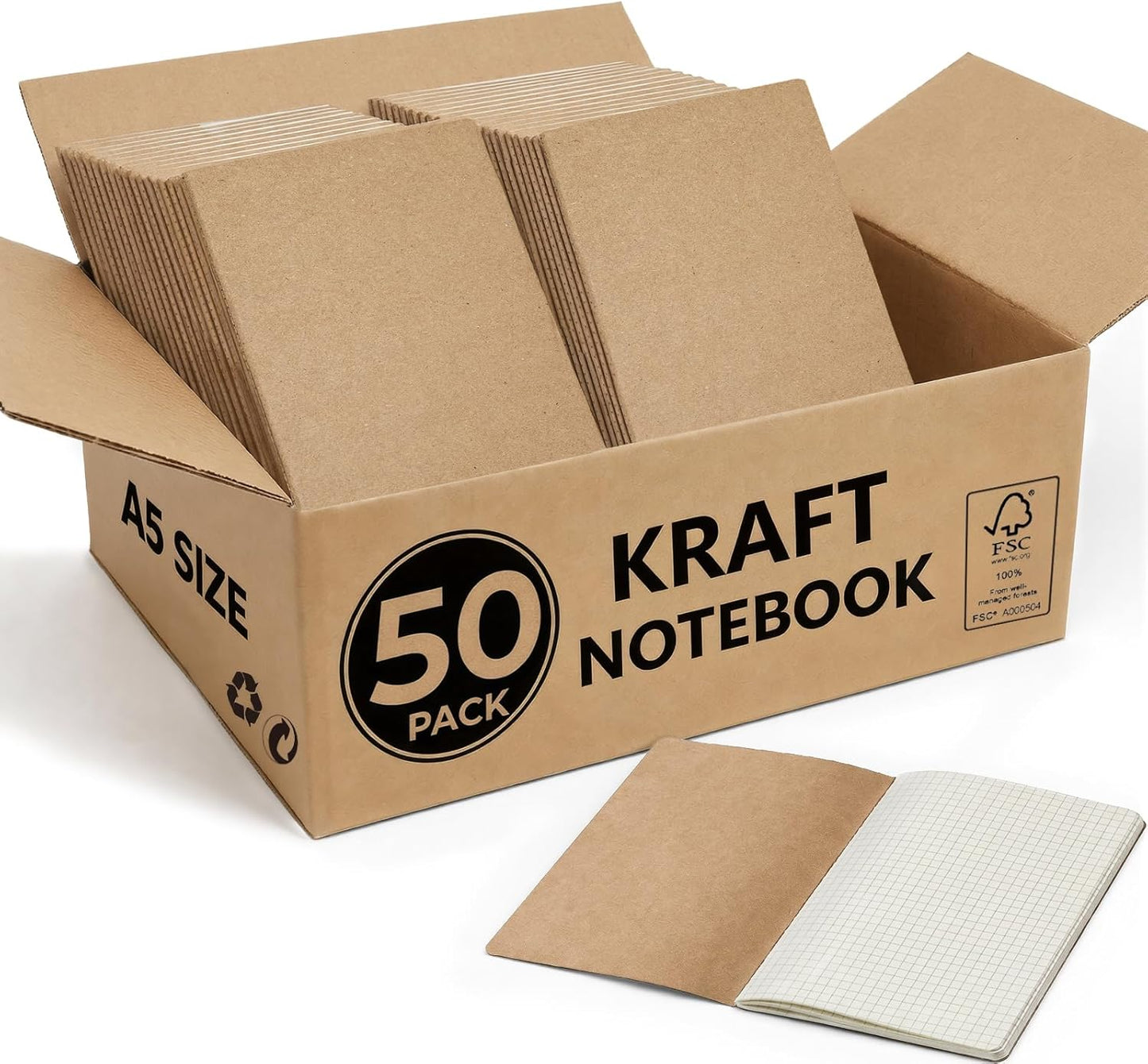 5 Pack Kraft Notebooks Bulk A5, 60 Pages Grid Graph Paper Journals, 8.3x5.5 Inches, Natural Kraft Cover Composition Notebooks for School Office Students Artists