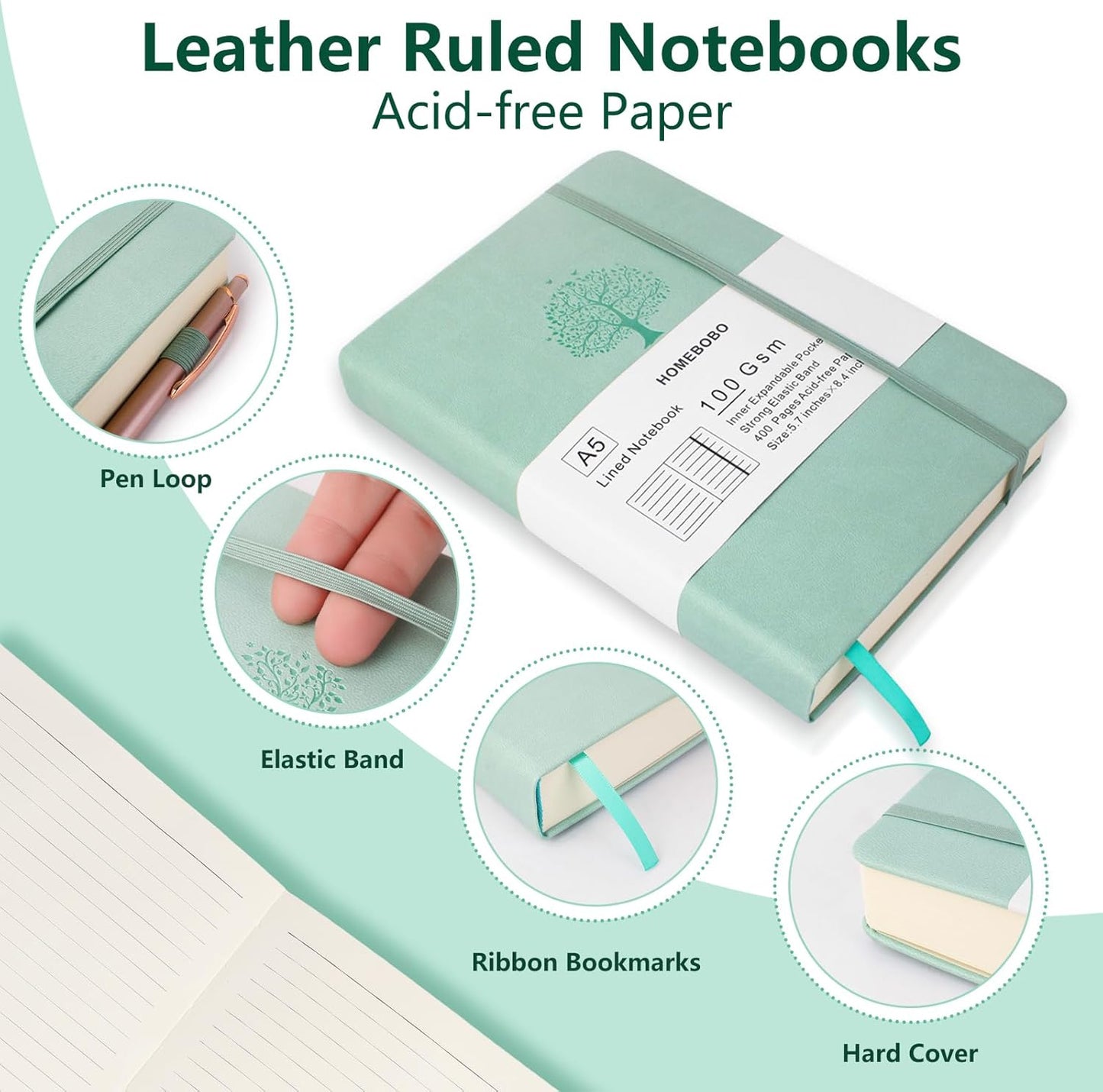 Journals for Writing, A5 Leather Ruled Notebook with 400 Pages, 100 Gms College Ruled Journal with Thick Paper, Hardcover with Inner Pocket & Pen Holder, Dark Green