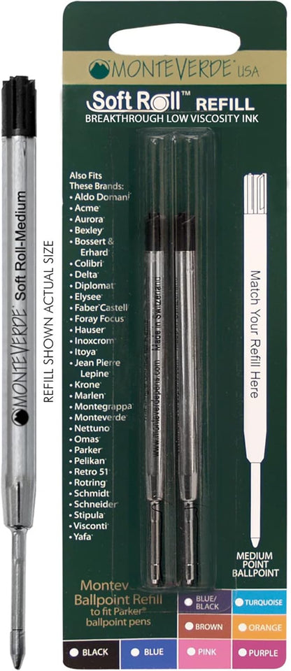 Monteverde Soft Roll Ballpoint Pen Refills to Fit Parker-Style Pens, Medium Point, Brown, 2-Pack, Smooth Writing Technology for Parker, Conklin, Schmidt, and More
