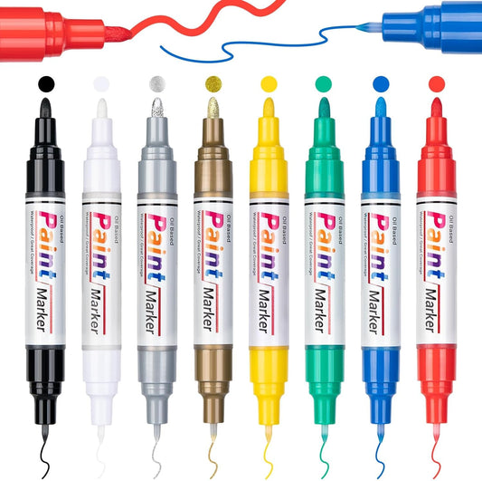 ANYUKE Oil Based Paint Markers, 8 Colors Dual Tip Paint Pens Paint Markers(0.7mm & 3mm), Waterproof Paint Pen for Rock Painting, Metal Wood Glass Stone Canvas Mugs Fabric Plastic