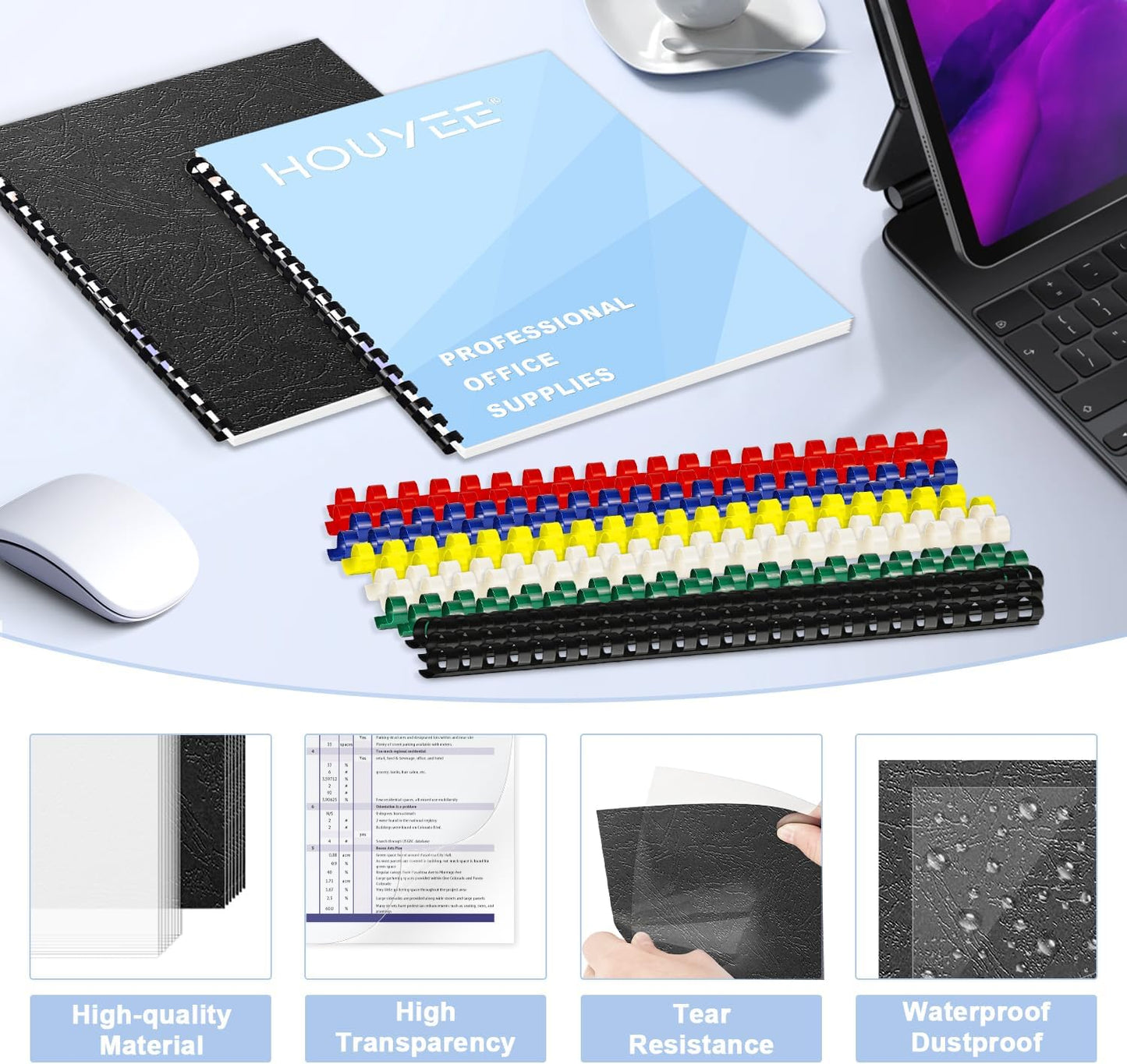 HOUYEE 120 Pack Binding Covers and Backs Set, 8.5x11 Inches, Including 60 Pcs 10 Mil Clear Binding Covers, 60 Pcs 12 Mil Black Plastic Sand Texture Polycovers, Letter Size