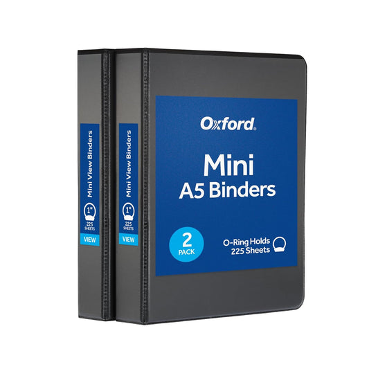 Oxford Mini View Binders, 1" Round Rings, Small Binders for School or Office, Holds A5 Size Paper, 2 Clear Pockets, PVC-Free, Non-Stick, 5.5 x 8.5 inches, Holds 225 Sheets, Blue, 2 Pack (1017045)