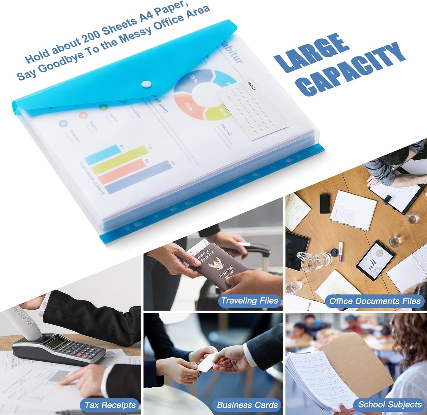 Plastic File Folders, Waterproof Transparent Expandable File Organiser, Portable Large Capacity A4B4 File Wallet for Office Business School (7 Pack)