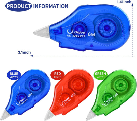 Unjoo White Correction Tape Dispenser, 12-Count Pack, Easy To Use Applicator, Fast, Clean Tear-Resistant Tape For school Supplies, Office (6M/256, 4 colors, Tape Width 0.2in)