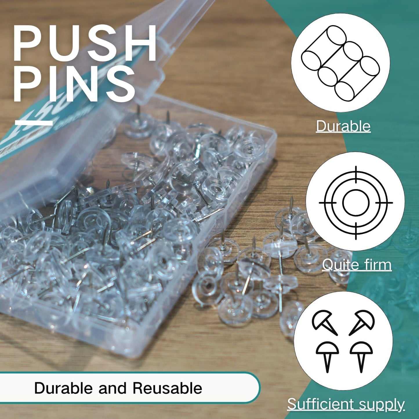 150 PCS Clear Push Pins Tacks Count in Reusable Box for Bulletin Boards and Wall Displays Heavy Duty Plastic Head