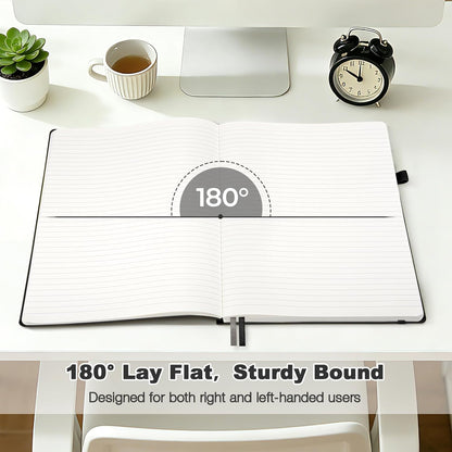 College Ruled Notebook, A4 Softcover Leather Notebook for Work, Lined Notebook Journal for Women, Men, 192 Thick Paper, Lay Flat, Large Notebook with 2 Pockets, Professional Business Notebook, Blue