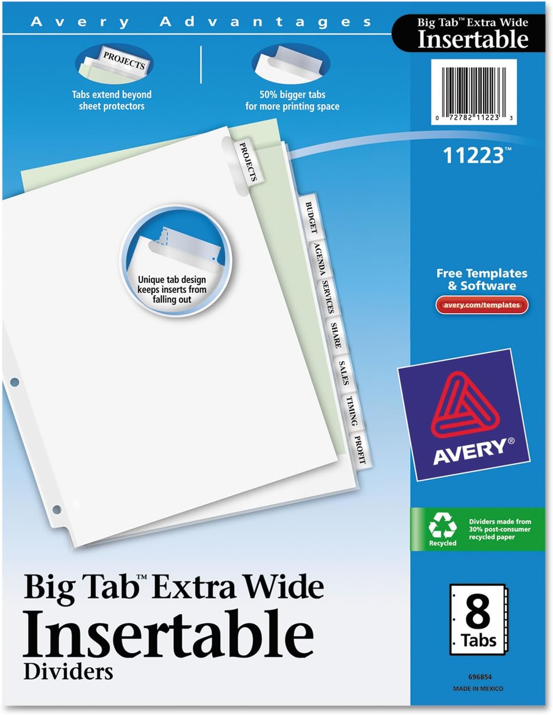 Insertable Big Tab Dividers, 8-Tab, 11.13 x 9.25, White, Clear Tabs, 1 Set