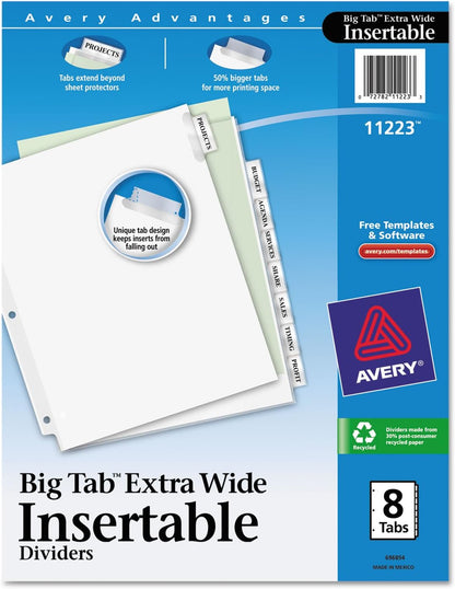 Insertable Big Tab Dividers, 8-Tab, 11.13 x 9.25, White, Clear Tabs, 1 Set