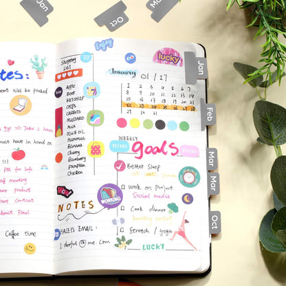 Outus 24 Pieces Monthly Adhesive Tabs for Planner - Designer Accessories Monthly Tabs Stickers Decorative for Office Planners Organizations Sturdy Notebook Planners Journal(Black)