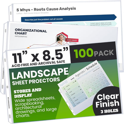 Performore 50 Sheet Protectors, Landscape Clear Sheet Protectors 8.5 X 11 Inch for 3 Ring Binder, Plastic Sheet Sleeves, Top Loading with 3 Hole-Punched Archival Safe, Non-Stick and Long-Lasting