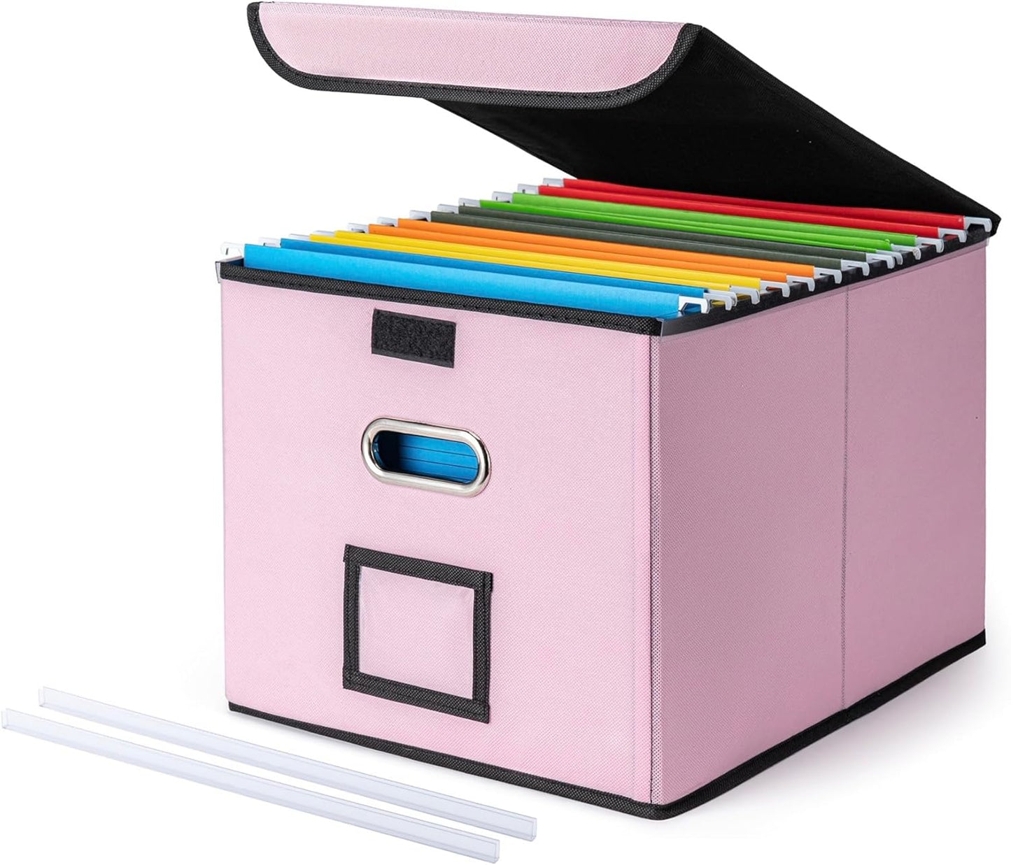CADONO File Organizer Box with Lid, Large Hanging File Folder Organizer with Plastic Slide, Collapsible Portable Filing Storage Boxes for Office/Decor/Home (Black, 14.9 x 12.59 x 10.8 inch)