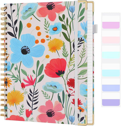 College Ruled Notebook - Hardcover Spiral Notebook 8.5" x 11" - Lined Journal Notebook for Women - A4 Large Notebooks for Writing - Pretty Journal Flower Notebook for Work - Diary - 24 Tabs - Red