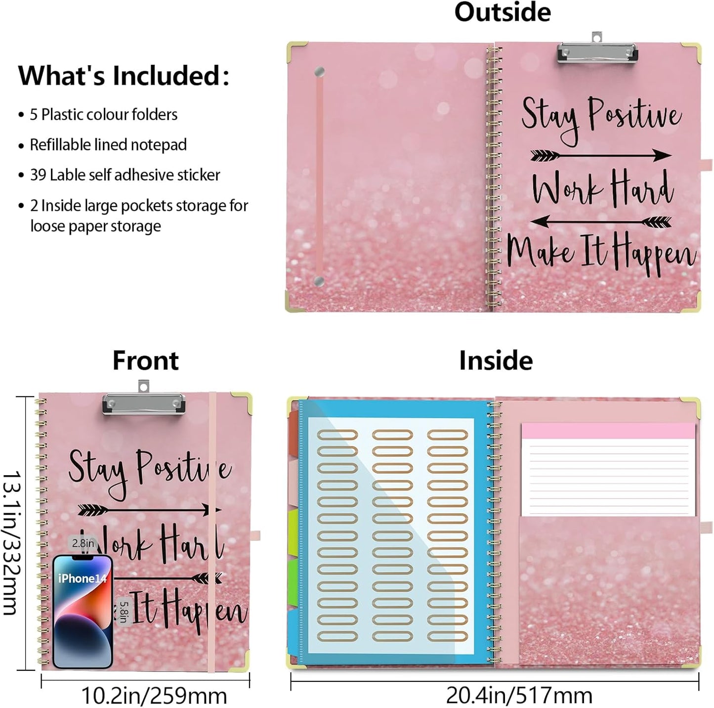 Clipboard Folio with Storage Clipboards Padfolio Notebook for Letter Size (11" x 8.5"), Pink Clipboards with 10 Pockets and 5 Folders Nursing Teacher School Essentials (Stay Positive)