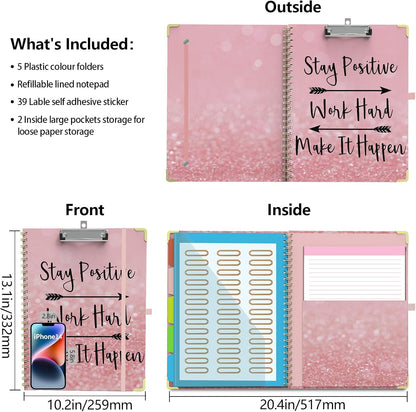 Clipboard Folio with Storage Clipboards Padfolio Notebook for Letter Size (11" x 8.5"), Pink Clipboards with 10 Pockets and 5 Folders Nursing Teacher School Essentials (Stay Positive)