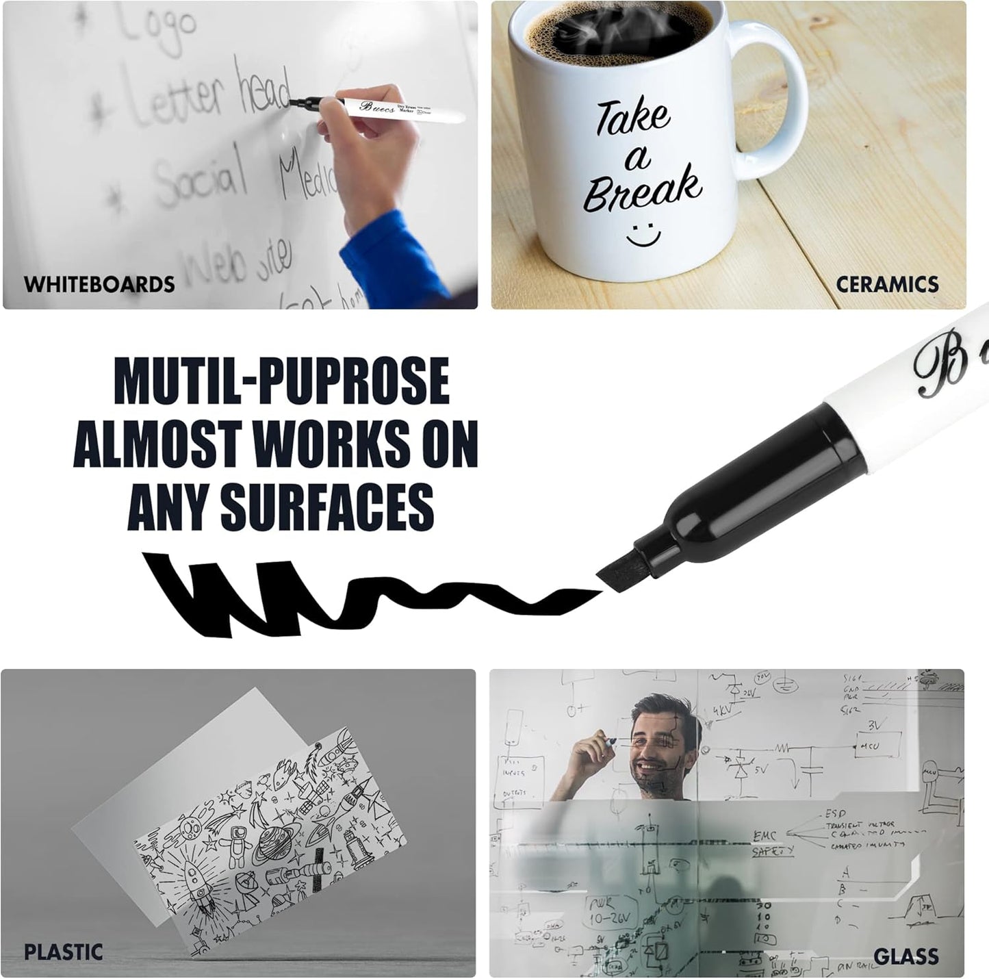 Buecs Black Dry Erase Markers, Low-Odor, 108 Count, Chisel tip, Perfect for Writing on Whiteboards, Dry-Erase Boards, Glass, School Office Supplies