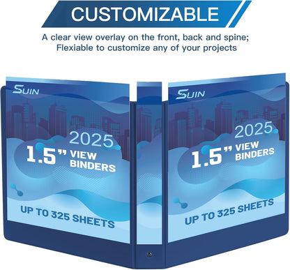 SUIN 1.5-Inch 3-Ring Binders with 2 Interior Pockets, Premium Clear View Presentation Binder Holds 325 Sheets Letter Size, Office School Home,6 Pack