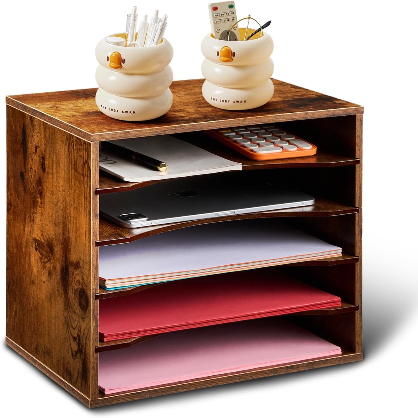 EMERIT 4-Tier Adjustable Paper Organizer, Large Capacity Desktop Organzier for Textbooks/Magazines/Office Files, Wooden Dividers, 7 lbs per Shelf, White