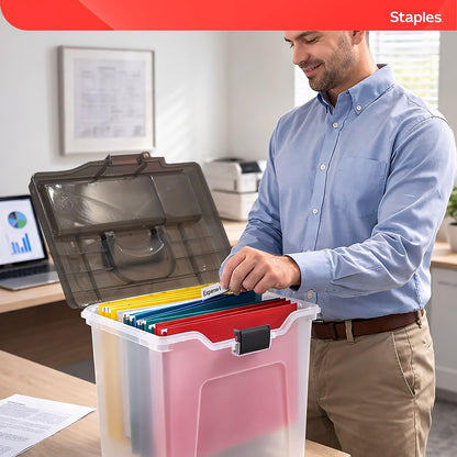 STAPLES File Folder Tote, Portable Filing Box for Letter SIze Hanging Folders, Security Latch & Built-In Lid Organizer, Black/Clear