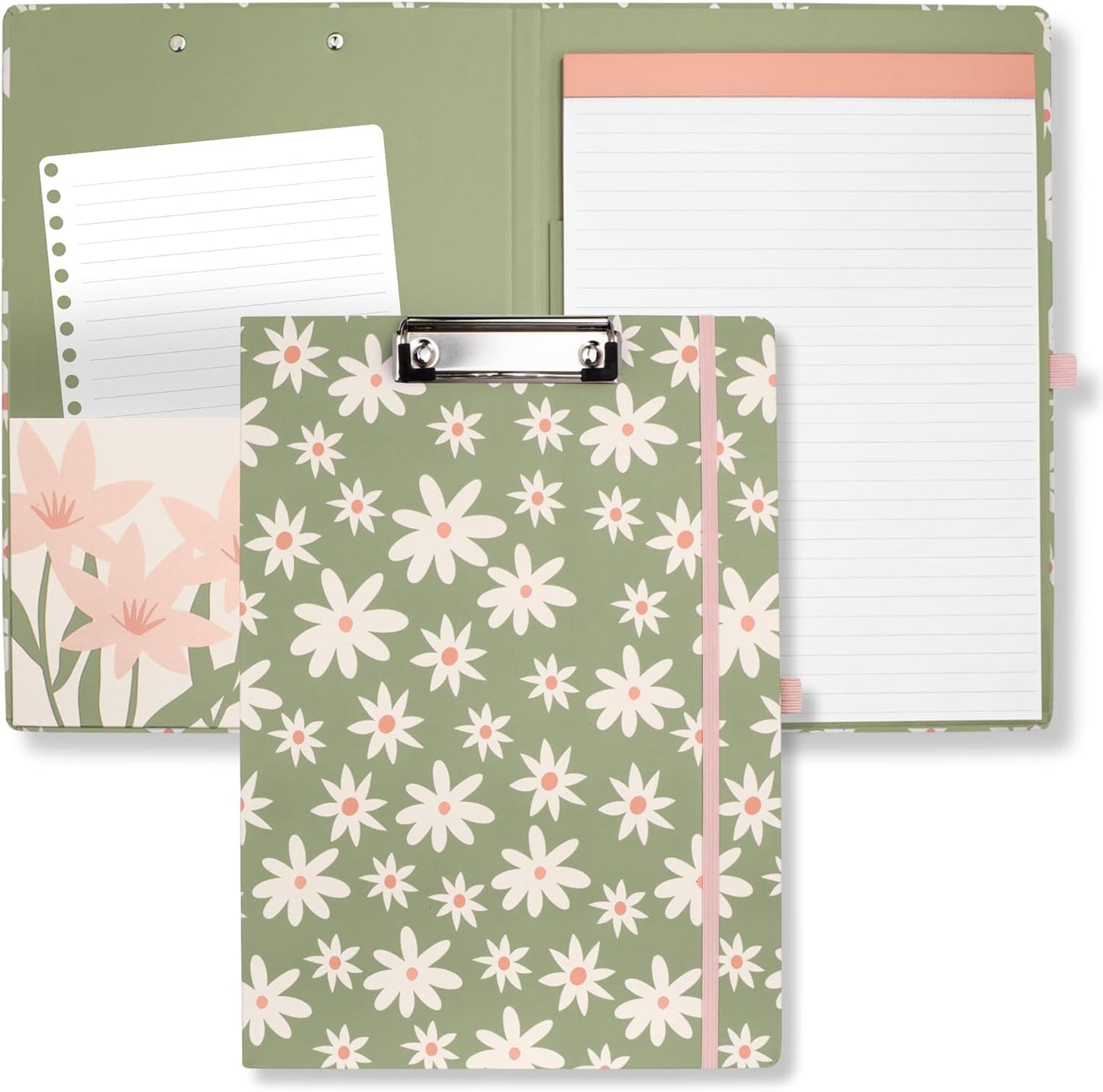 Steel Mill & Co Cute Clipboard Folio with Refillable Lined Notepad and Interior Storage Pocket, Floral Padfolio for Work, Garden Blooms Cream