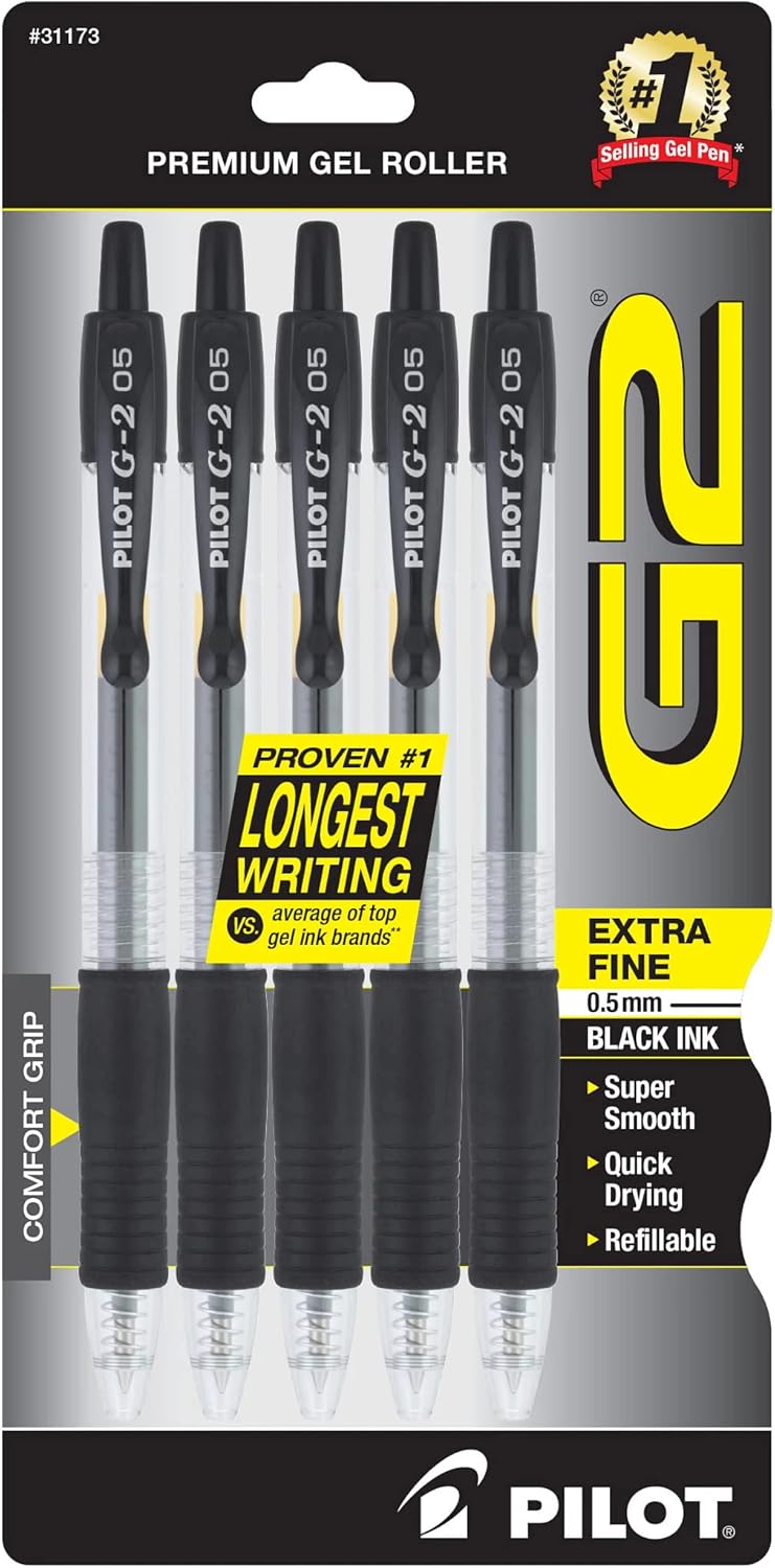 PILOT G2 Premium Refillable and Retractable Rolling Ball Gel Pens, Extra Fine Point, Assorted Color Inks, 5-Pack (31300)